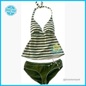 Y2K Stripe Bikini Set Halter Neck Floral Print Beach Wear Relaxed Fit